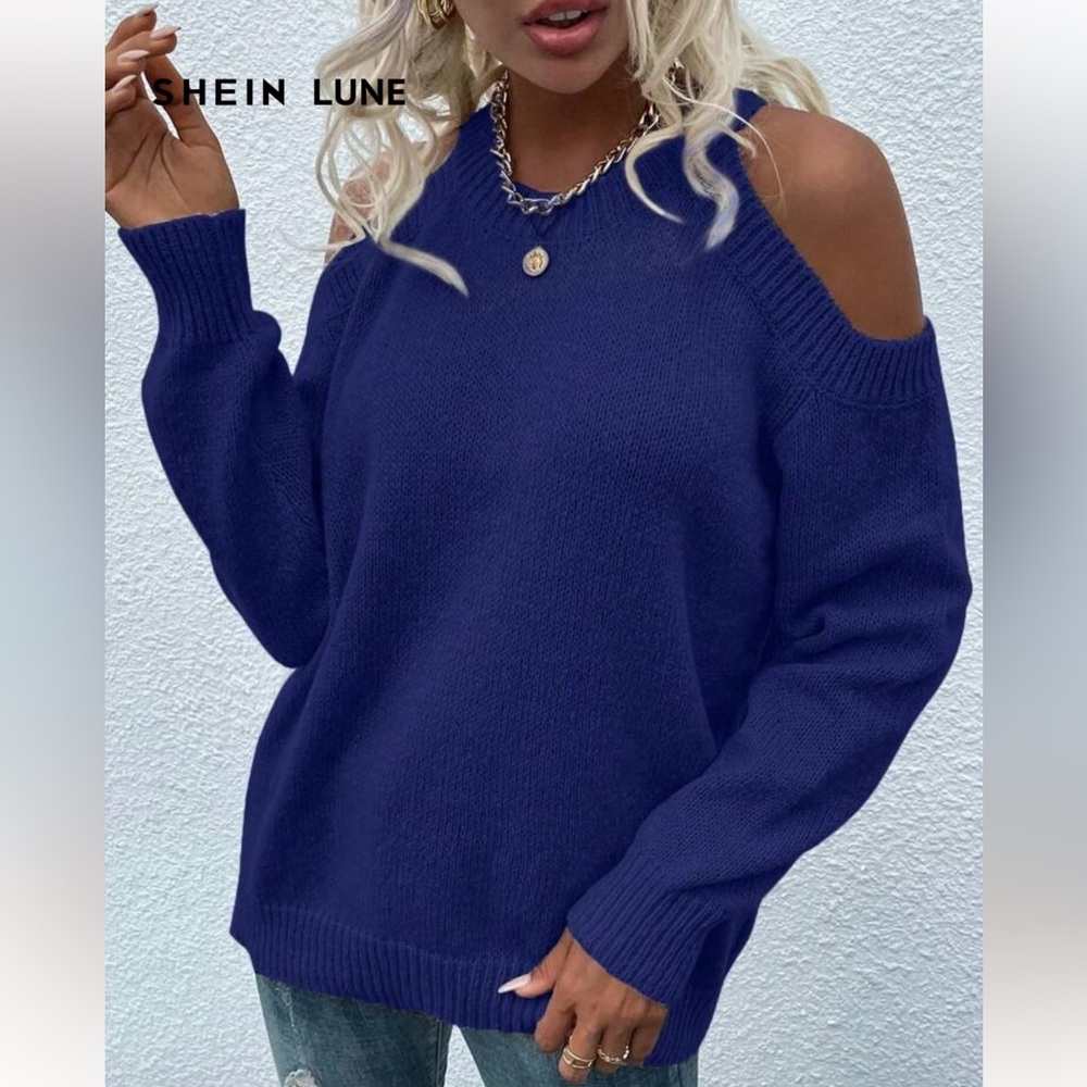 SHEIN LUNE Women Casual Solid Color Cold Shoulder Loose Pullover Sweater